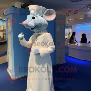 Blue Rat mascot costume character dressed with a Wedding Dress and Caps