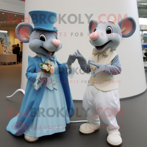 Blue Rat mascot costume character dressed with a Wedding Dress and Caps