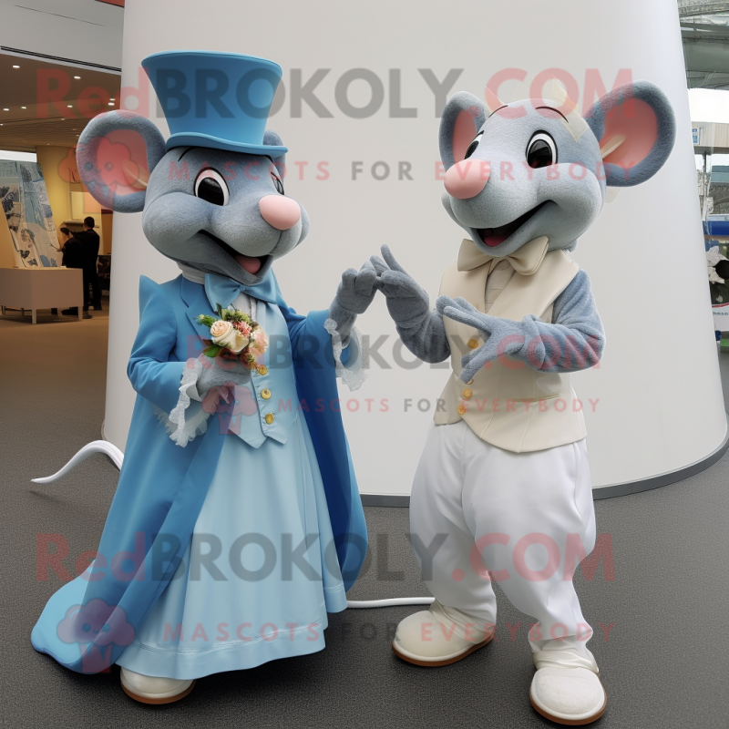 Blue Rat mascot costume character dressed with a Wedding Dress and Caps Blue Rat mascot costume character dressed with a Wedding Dress and Caps
