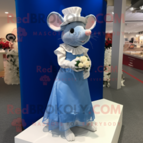 Blue Rat mascot costume character dressed with a Wedding Dress and Caps