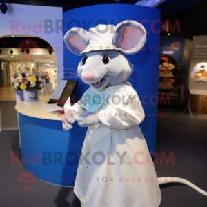 Blue Rat mascot costume character dressed with a Wedding Dress and Caps