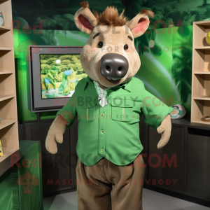 Green Wild Boar mascot costume character dressed with a Button-Up Shirt and Earrings