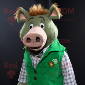 Green Wild Boar mascot costume character dressed with a Button-Up Shirt and Earrings