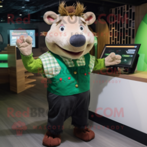 Green Wild Boar mascot costume character dressed with a Button-Up Shirt and Earrings