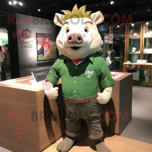 Green Wild Boar mascot costume character dressed with a Button-Up Shirt and Earrings