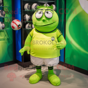 Lime Green Rugby Ball mascot costume character dressed with a Mini Dress and Shoe laces