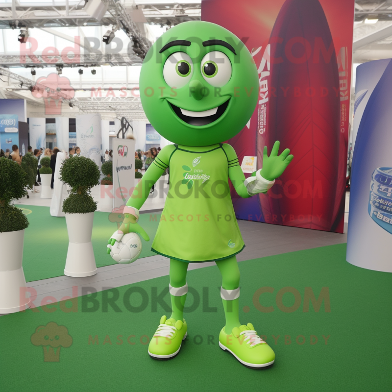 Lime Green Rugby Ball mascot costume character dressed with a Mini Dress and Shoe laces