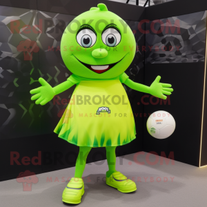 Lime Green Rugby Ball mascot costume character dressed with a Mini Dress and Shoe laces