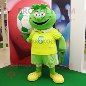 Lime Green Rugby Ball mascot costume character dressed with a Mini Dress and Shoe laces