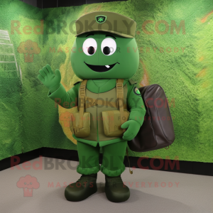 Green Army Soldier mascot costume character dressed with a Suit Jacket and Messenger bags