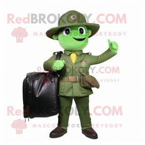 Green Army Soldier mascot costume character dressed with a Suit Jacket and Messenger bags