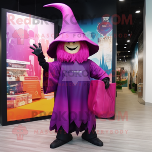 Magenta Witch mascot costume character dressed with a Long Sleeve Tee and Tote bags