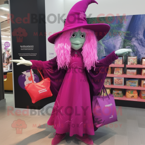 Magenta Witch mascot costume character dressed with a Long Sleeve Tee and Tote bags