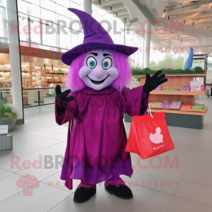 Magenta Witch mascot costume character dressed with a Long Sleeve Tee and Tote bags