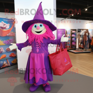 Magenta Witch mascot costume character dressed with a Long Sleeve Tee and Tote bags