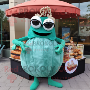 Teal Crab Cakes mascot costume character dressed with a Ball Gown and Sunglasses