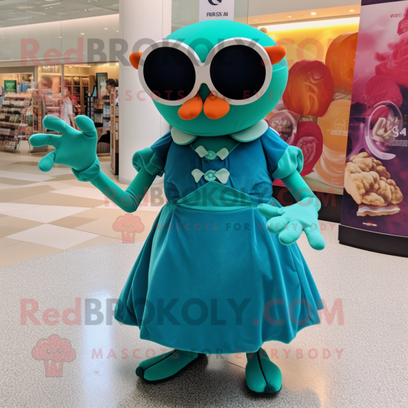 Teal Crab Cakes mascot costume character dressed with a Ball Gown and Sunglasses Teal Crab Cakes mascot costume character dressed with a Ball Gown and Sunglasses