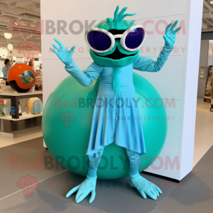 Teal Crab Cakes mascot costume character dressed with a Ball Gown and Sunglasses
