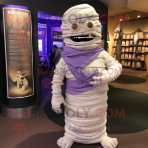 Lavender Mummy mascot costume character dressed with a T-Shirt and Lapel pins