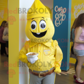 Yellow Chocolates mascot costume character dressed with a Oxford Shirt and Caps