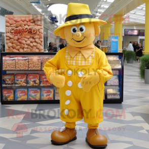 Yellow Chocolates mascot costume character dressed with a Oxford Shirt and Caps