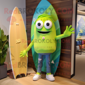 Lime Green Surfboard mascot costume character dressed with a Boyfriend Jeans and Headbands