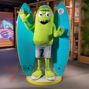 Lime Green Surfboard mascot costume character dressed with a Boyfriend Jeans and Headbands