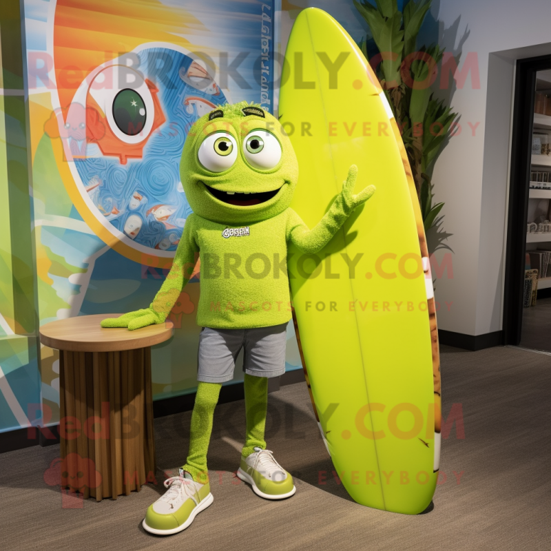 Lime Green Surfboard mascot costume character dressed with a Boyfriend Jeans and Headbands Lime Green Surfboard mascot costume character dressed with a Boyfriend Jeans and Headbands