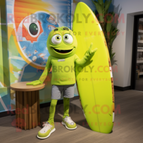 Lime Green Surfboard mascot costume character dressed with a Boyfriend Jeans and Headbands