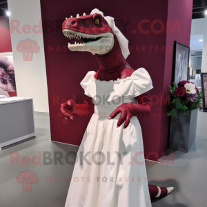 Maroon Iguanodon mascot costume character dressed with a Wedding Dress and Headbands