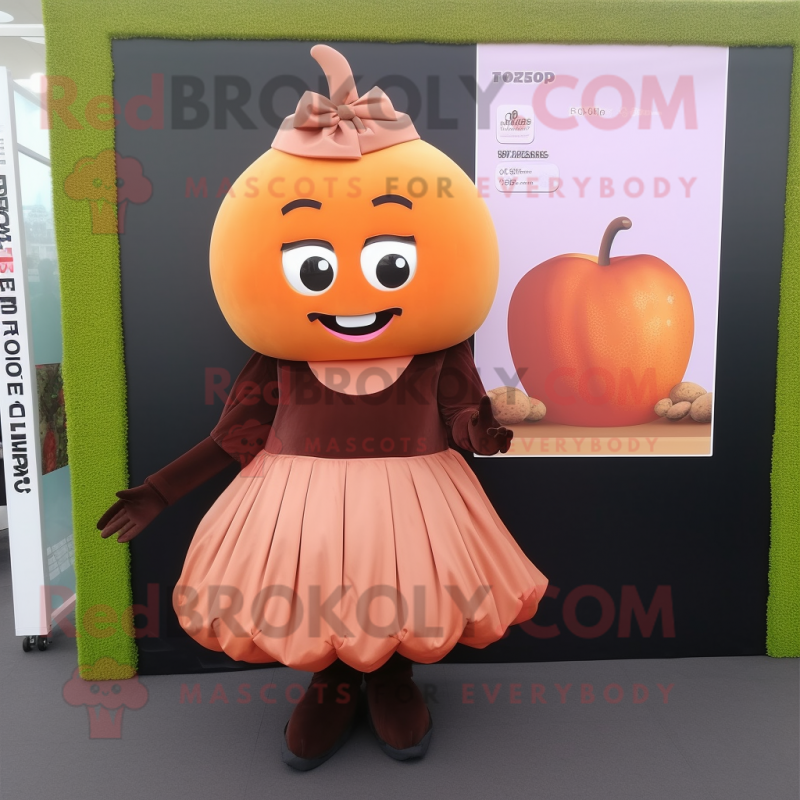 Peach Chocolate Bars mascot costume character dressed with a Empire Waist Dress and Watches Peach Chocolate Bars mascot costume character dressed with a Empire Waist Dress and Watches
