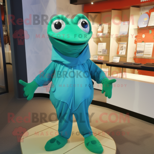 Teal Frog mascot costume character dressed with a Jumpsuit and Shawl pins