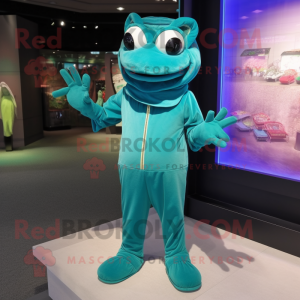 Teal Frog mascot costume character dressed with a Jumpsuit and Shawl pins