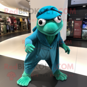 Teal Frog mascot costume character dressed with a Jumpsuit and Shawl pins