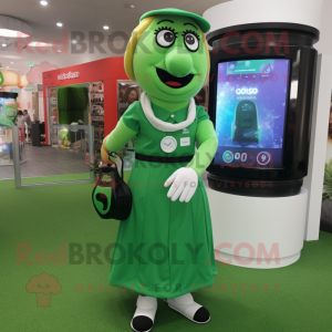 Green Golf Bag mascot costume character dressed with a Midi Dress and Bracelet watches