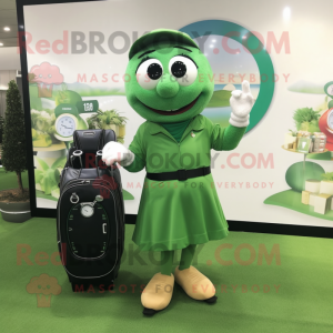 Green Golf Bag mascot costume character dressed with a Midi Dress and Bracelet watches