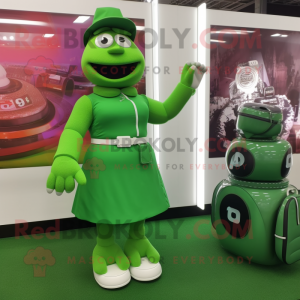 Green Golf Bag mascot costume character dressed with a Midi Dress and Bracelet watches