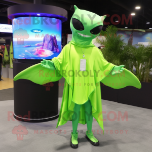 Lime Green Manta Ray mascot costume character dressed with a Dress Pants and Watches