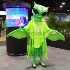 Lime Green Manta Ray mascot costume character dressed with a Dress Pants and Watches