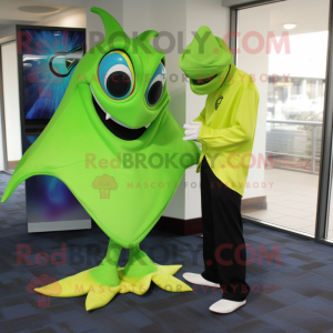 Lime Green Manta Ray mascot costume character dressed with a Dress Pants and Watches