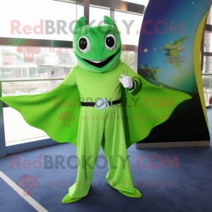 Lime Green Manta Ray mascot costume character dressed with a Dress Pants and Watches