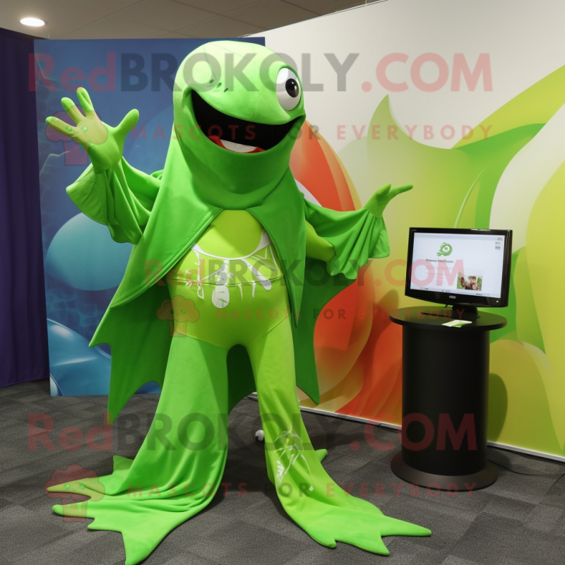 Lime Green Manta Ray mascot costume character dressed with a Dress Pants and Watches