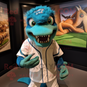 Turquoise Utahraptor mascot costume character dressed with a Baseball Tee and Headbands