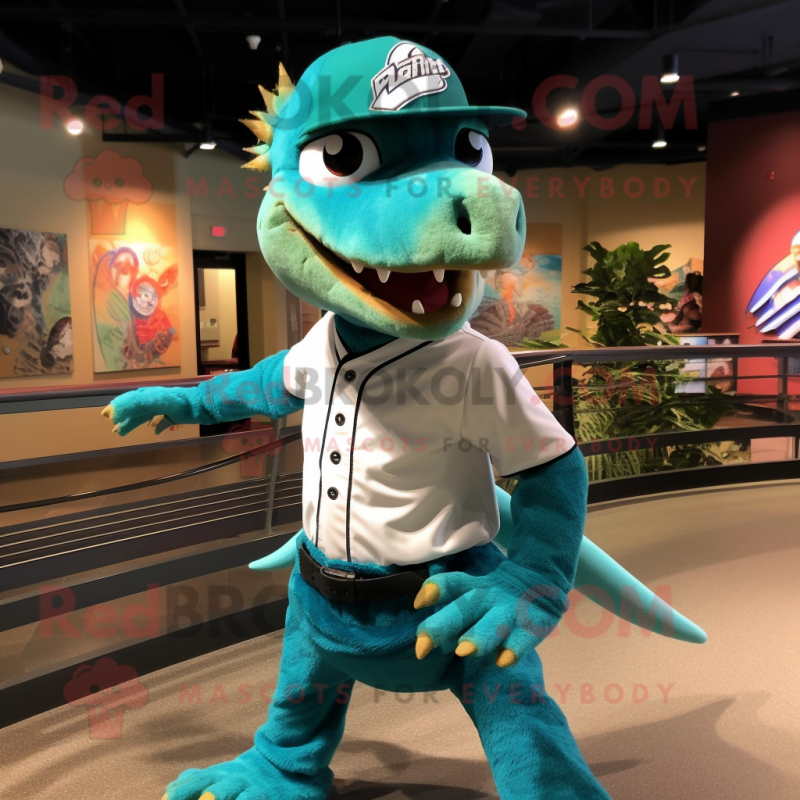 Turquoise Utahraptor mascot costume character dressed with a Baseball Tee and Headbands