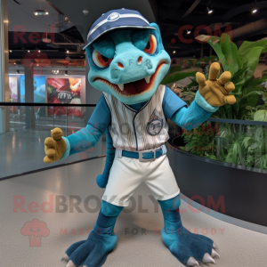 Turquoise Utahraptor mascot costume character dressed with a Baseball Tee and Headbands