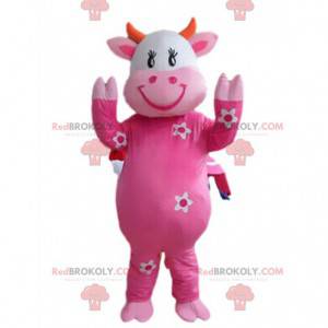 Mascotte de vache rose avec des fleurs, costume de vachette -