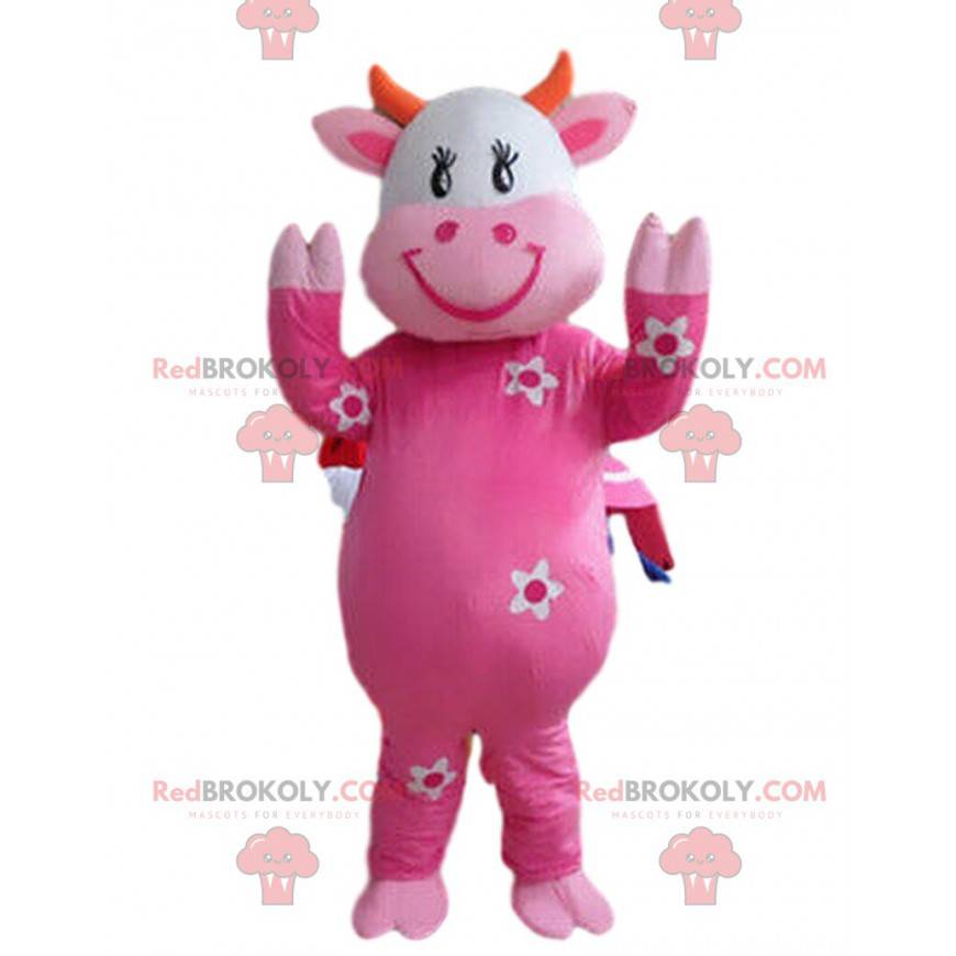 Růžový kráva maskot s květinami, kráva kostým - Redbrokoly.com Růžový kráva maskot s květinami, kráva kostým - Redbrokoly.com