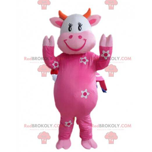 Pink cow mascot with flowers, cow costume - Redbrokoly.com