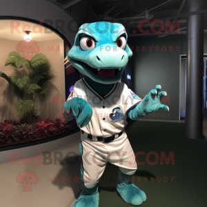 Turquoise Utahraptor mascot costume character dressed with a Baseball Tee and Headbands