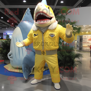 Lemon Yellow Megalodon mascot costume character dressed with a Jacket and Foot pads